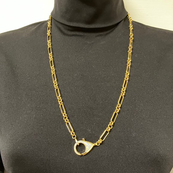 NEW 18k Real Gold Plated Paper Clip 25 inch Chain Large Cubic Zirconia Clasp - Picture 7 of 14